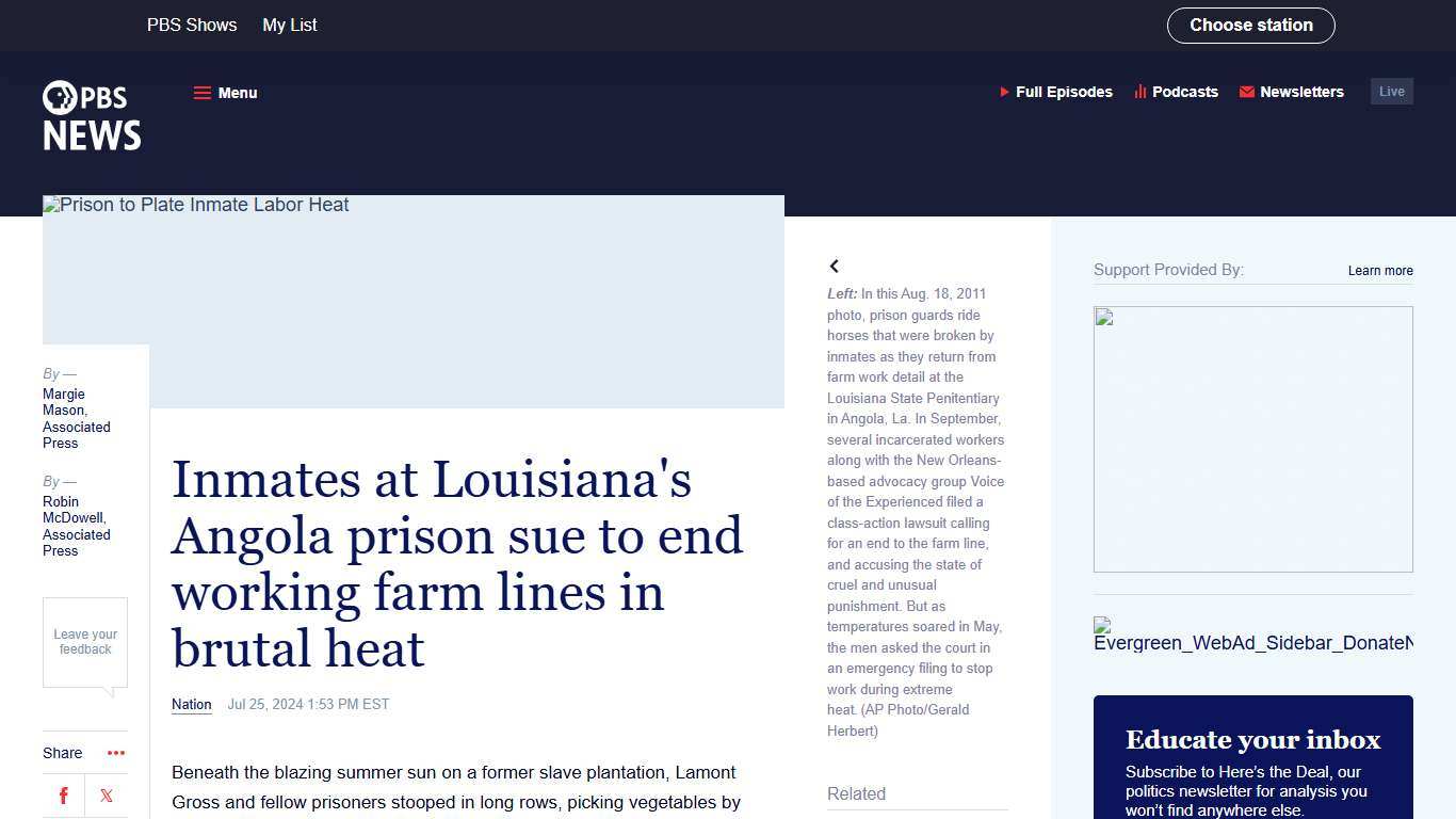 Inmates at Louisiana's Angola prison sue to end working farm lines in brutal heat | PBS News